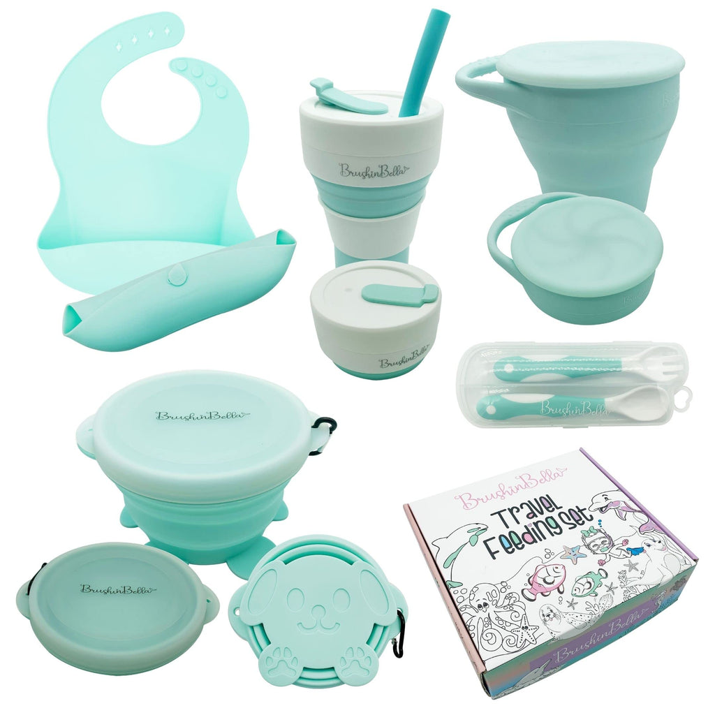 BrushinBella Baby Feeding Set - Collapsible Feeding Supplies for Travel - Food Grade Silicone Suction Baby Bowl Baby Plate Baby Bib Baby Spoons First Stage - Cute Baby Eating Supplies Toddler Gift