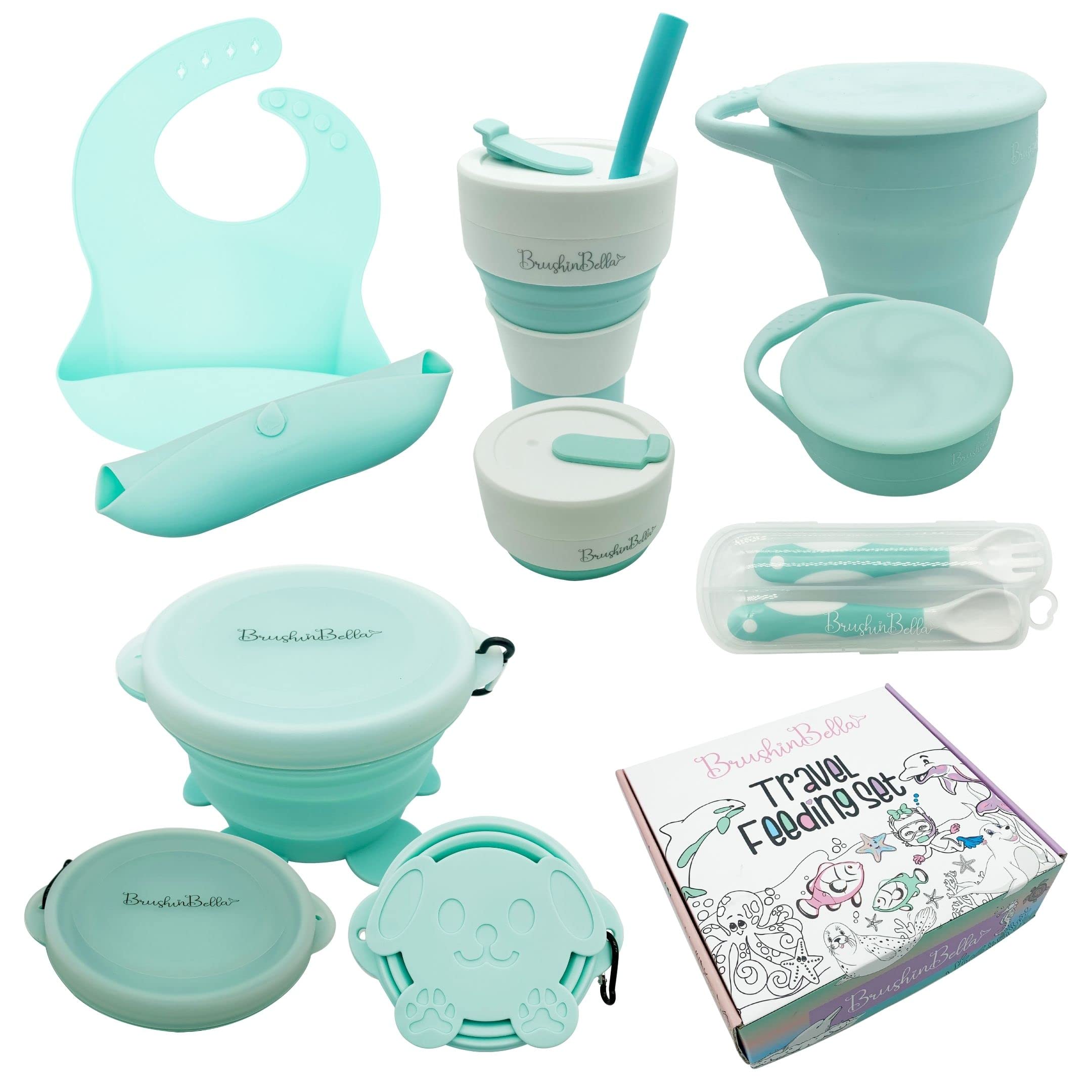 BrushinBella Baby Feeding Set - Collapsible Feeding Supplies for Travel - Food Grade Silicone Suction Baby Bowl Baby Plate Baby Bib Baby Spoons First Stage - Cute Baby Eating Supplies Toddler Gift